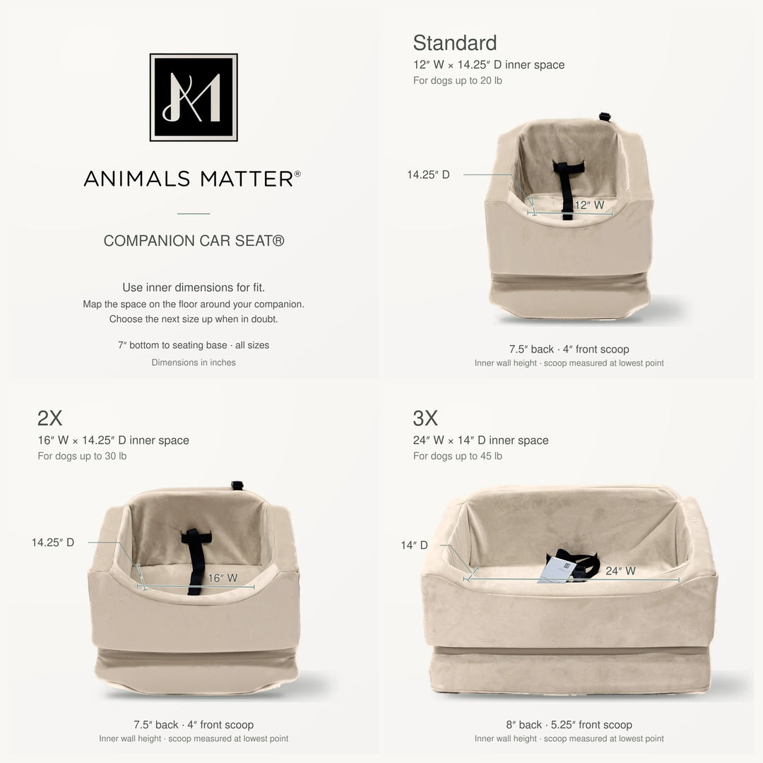 Companion Car Seat inner sizes: Standard 12 x 14.25 in, 2X 16 x 14.25 in, 3X 24 x 14 in; 7 in base to seat