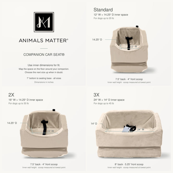 Companion Car Seat inner sizes: Standard 12 x 14.25 in, 2X 16 x 14.25 in, 3X 24 x 14 in; 7 in base to seat