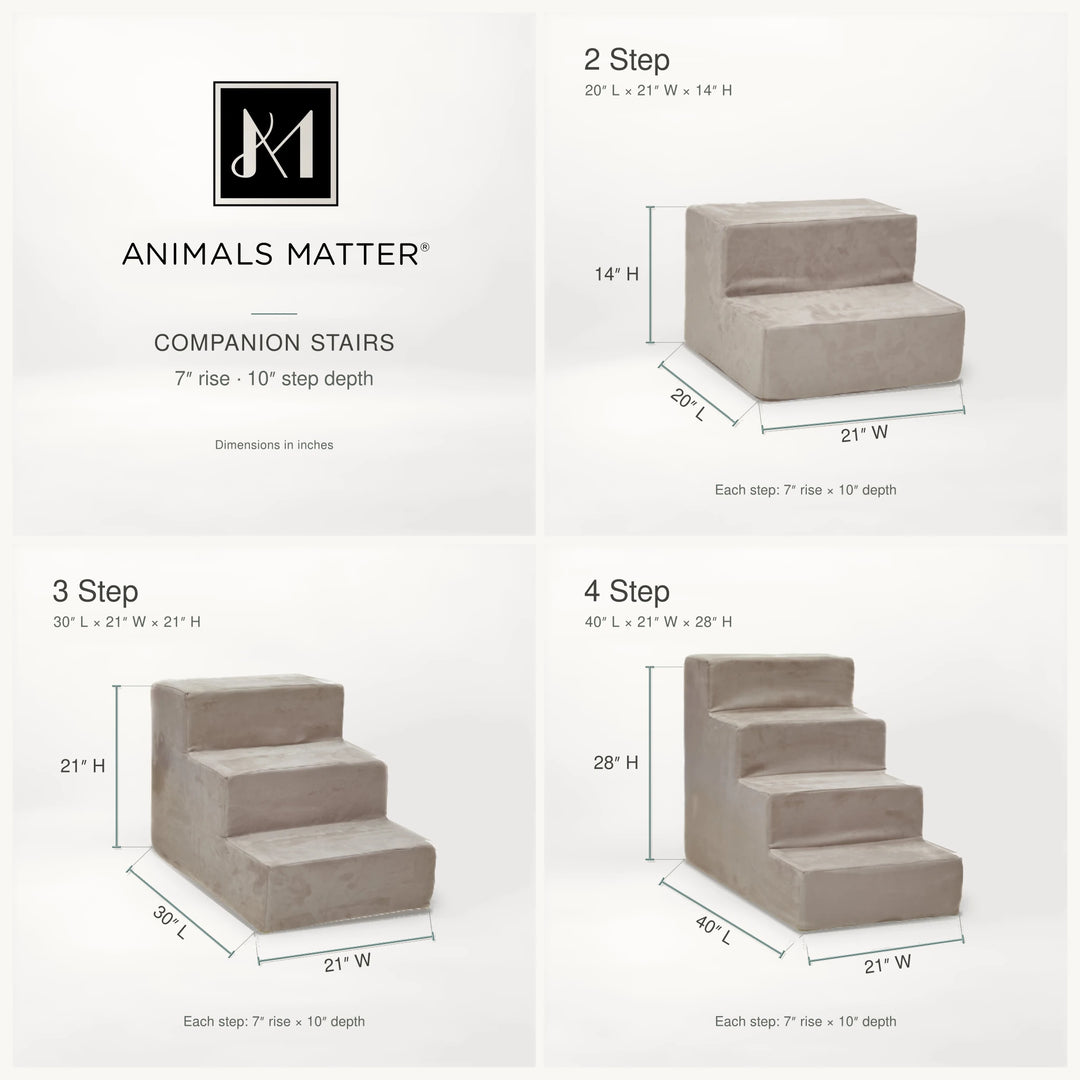 Companion Stairs sizes: 2 Step 20 x 21 x 14 in, 3 Step 30 x 21 x 21 in, 4 Step 40 x 21 x 28 in; 7 in rise, 10 in deep