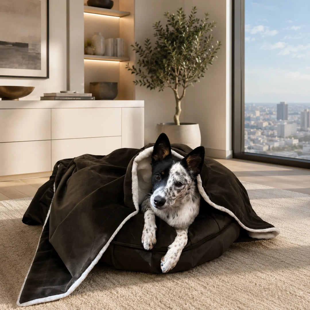 Animals Matter Ali Blanket luxury dog blanket in espresso, featuring a spotted Companion tucked under a dark plush blanket in a modern city-view living room.