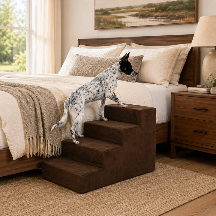Animals Matter Mini 4-Step luxury dog stairs in Chocolate beside a warm wood bed, featuring a spotted Companion climbing toward the bed.