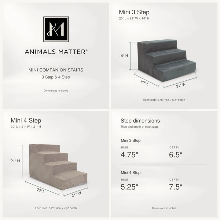 Mini Companion Stairs sizes: Mini 3 Step 20 x 21 x 14 in, 4.75 in rise; Mini 4 Step 30 x 21 x 21 in, 5.25 in rise