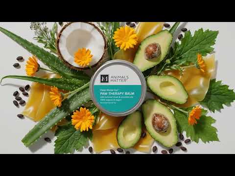 A video of our paw balm surrounded by an explosion of ingredients like aloe, avocado, and coconuts