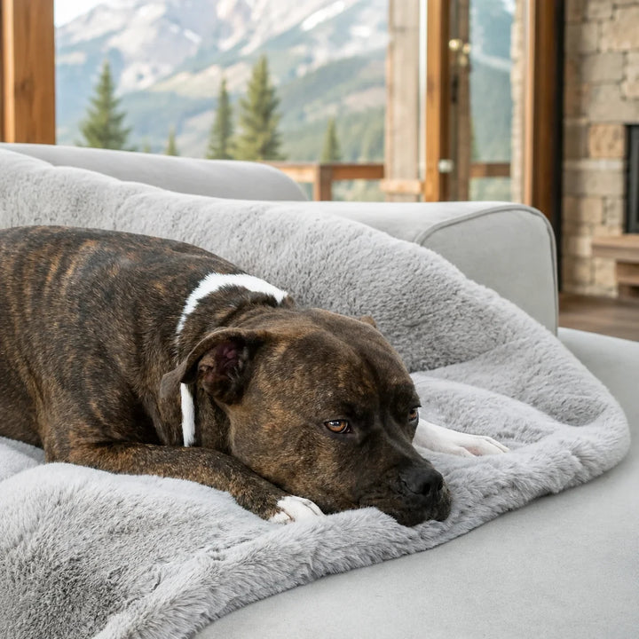 Animals Matter Ruby Puff® Waterproof Luxury Dog Blanket in light gray, with a brindle dog resting on plush faux fur before mountain views.
