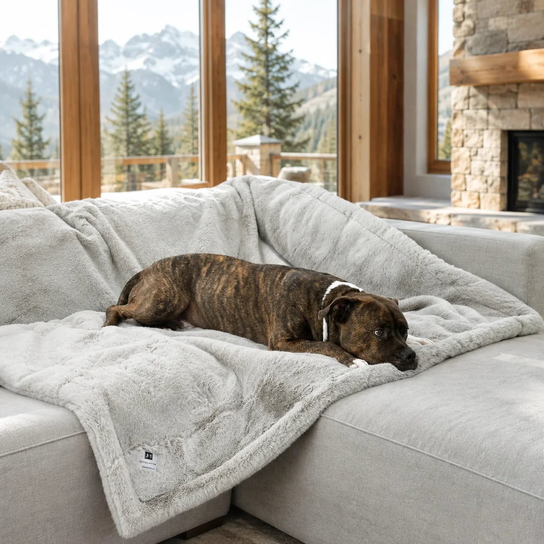 Animals Matter Ruby Puff® Waterproof Luxury Dog Blanket in light gray, draped across a sectional with a brindle dog in a luxury mountain home.