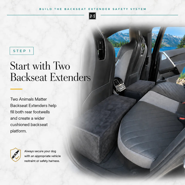 Step 1 of the Animals Matter Backseat Extender Safety System: two charcoal extenders fill the rear footwells of a luxury SUV.