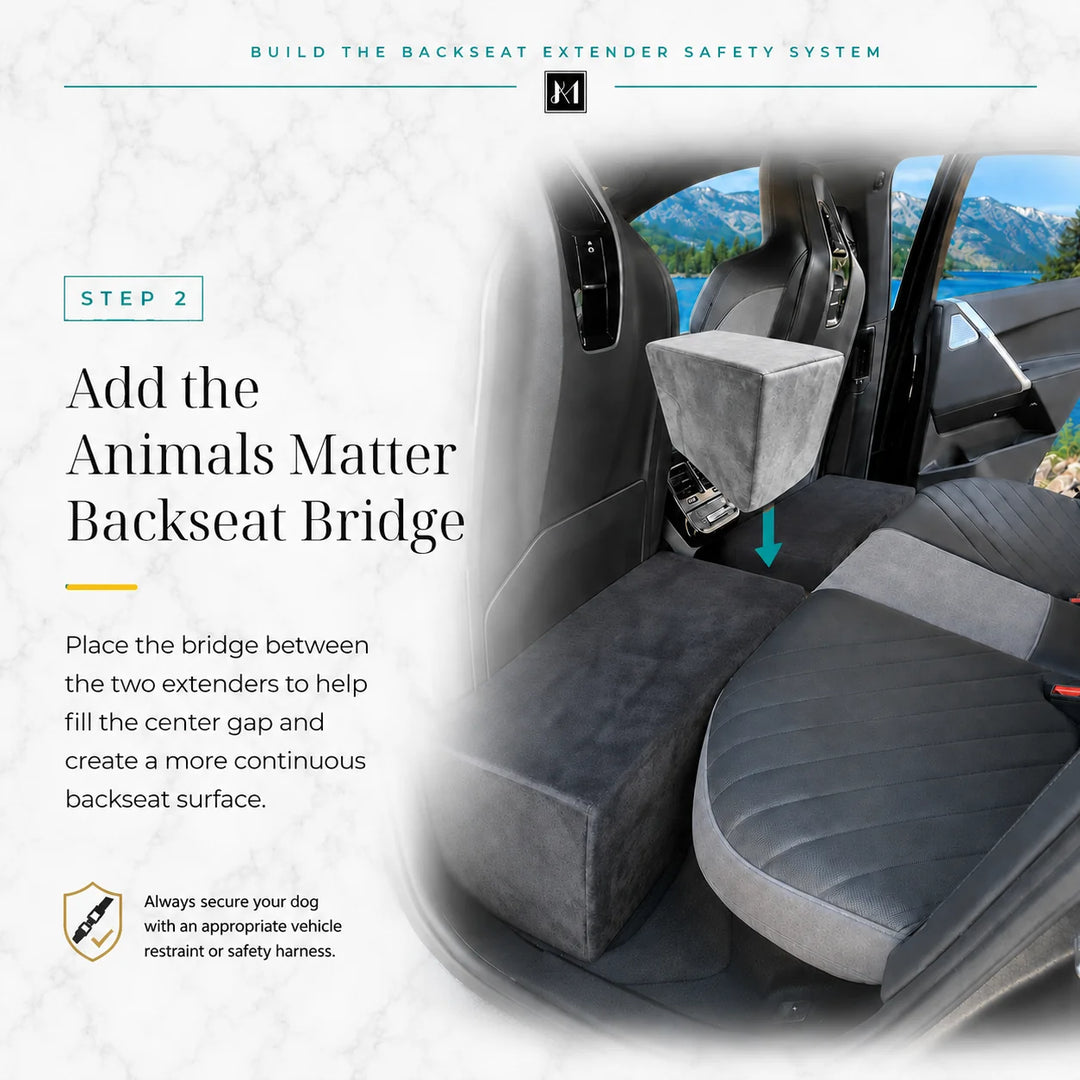 Step 2: the Animals Matter Backseat Bridge sits between two extenders to close the center gap in a luxury SUV backseat.