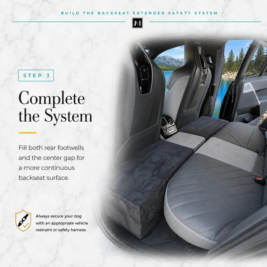 Step 3: two Animals Matter Backseat Extenders plus the Bridge form a continuous, level surface across a luxury SUV backseat.