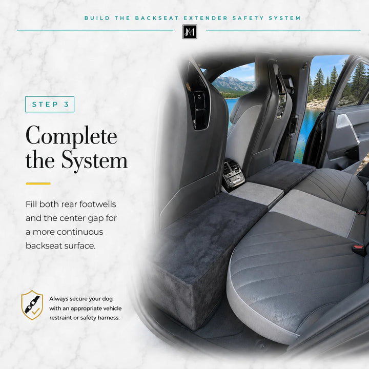 Step 3: two Animals Matter Backseat Extenders plus the Bridge form a continuous, level surface across a luxury SUV backseat.