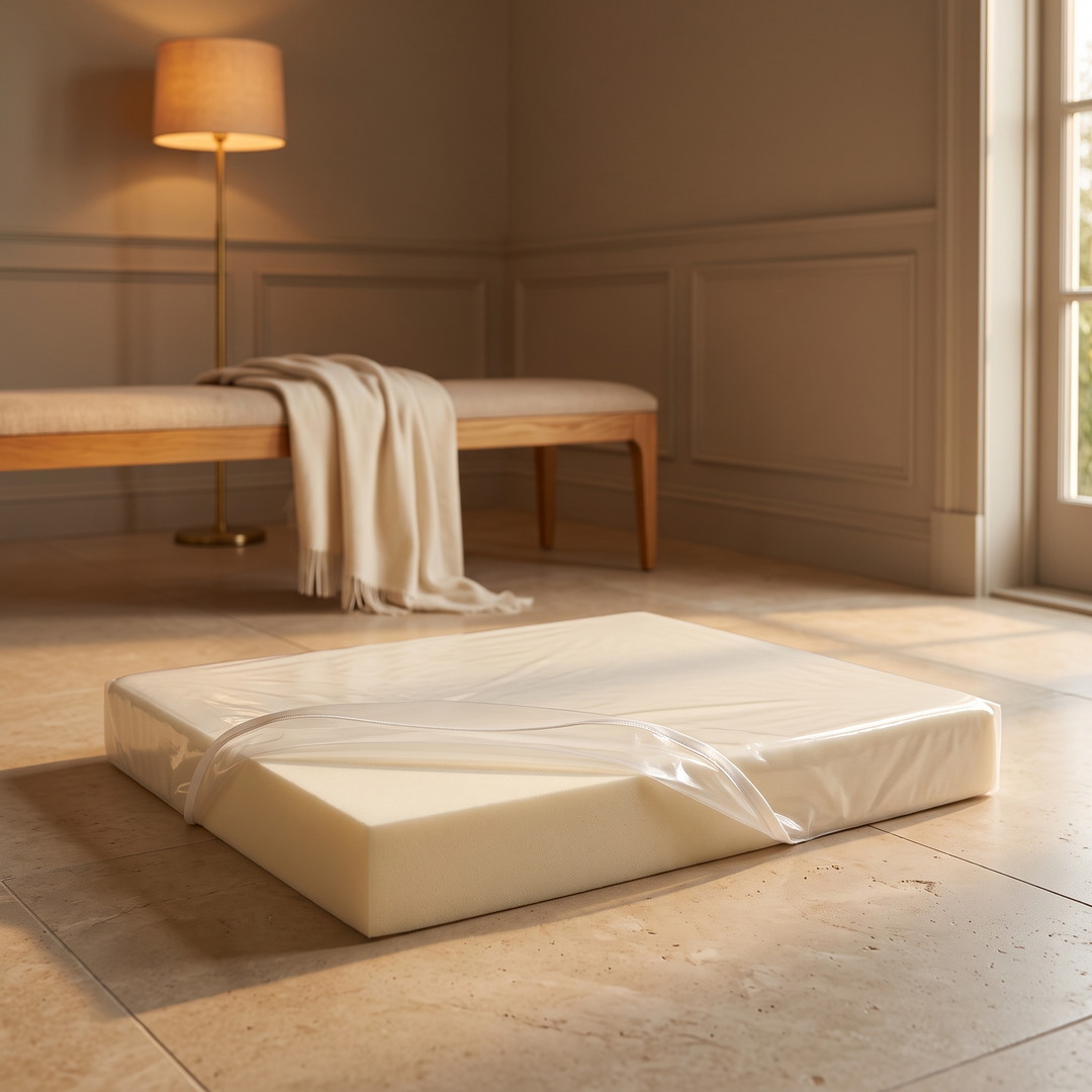 Luxura-Protect waterproof liner peeled back over the foam insert of an Animals Matter dog bed